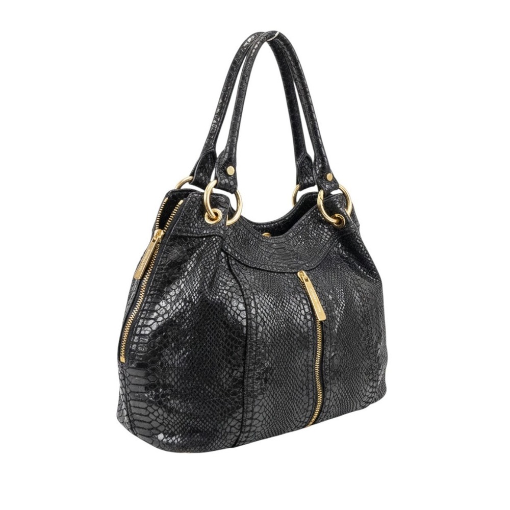 Michael Kors Shoulder Bag Womens Medium Black Snakeskin Embossed Gold Hardware